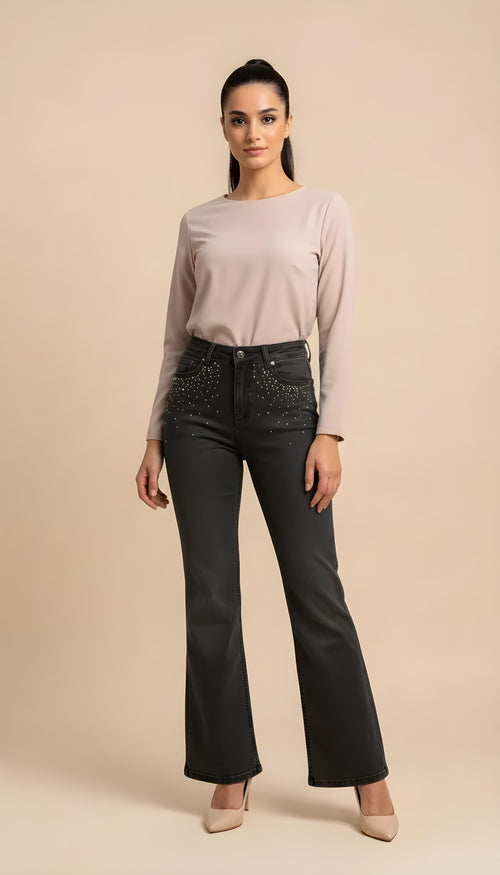 Jeans a zampa grigio scuro con glitter
