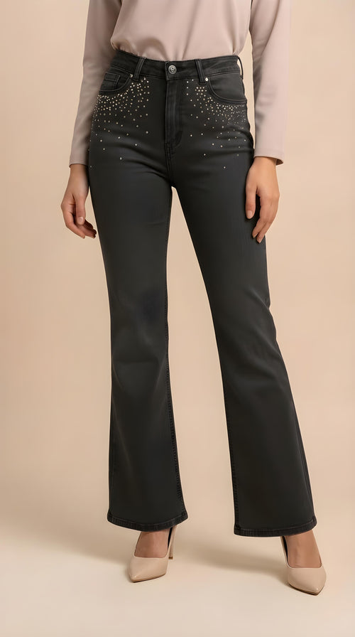 Glitzer-Flared Jeans in Dunkelgrau