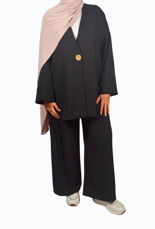 Two-piece suit with button closure