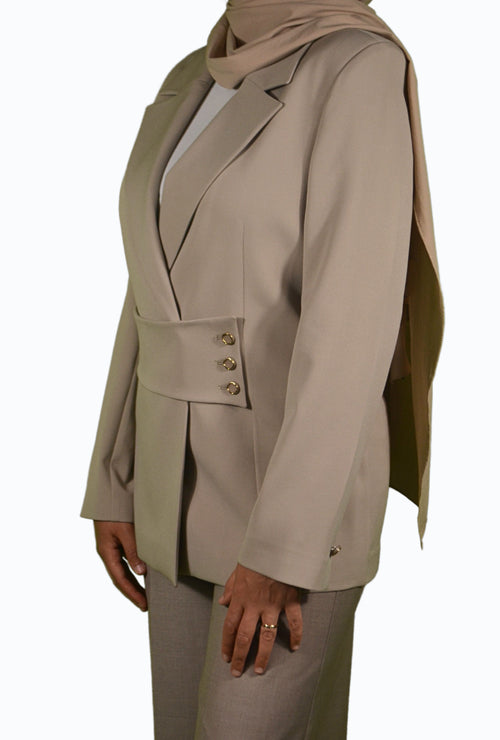 Beige blazer with gold accents