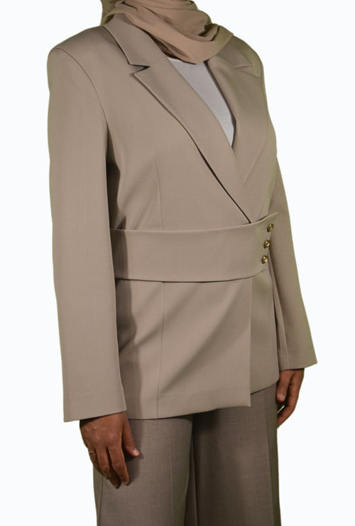 Beige blazer with gold accents