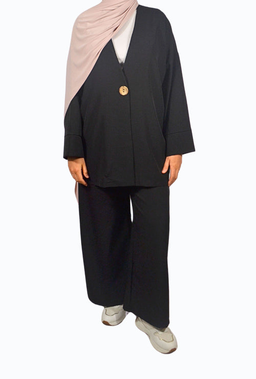 Two-piece suit with button closure