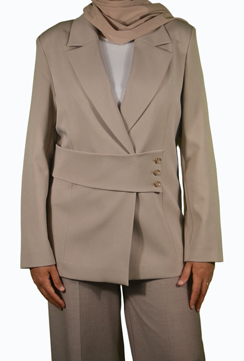 Beige blazer with gold accents
